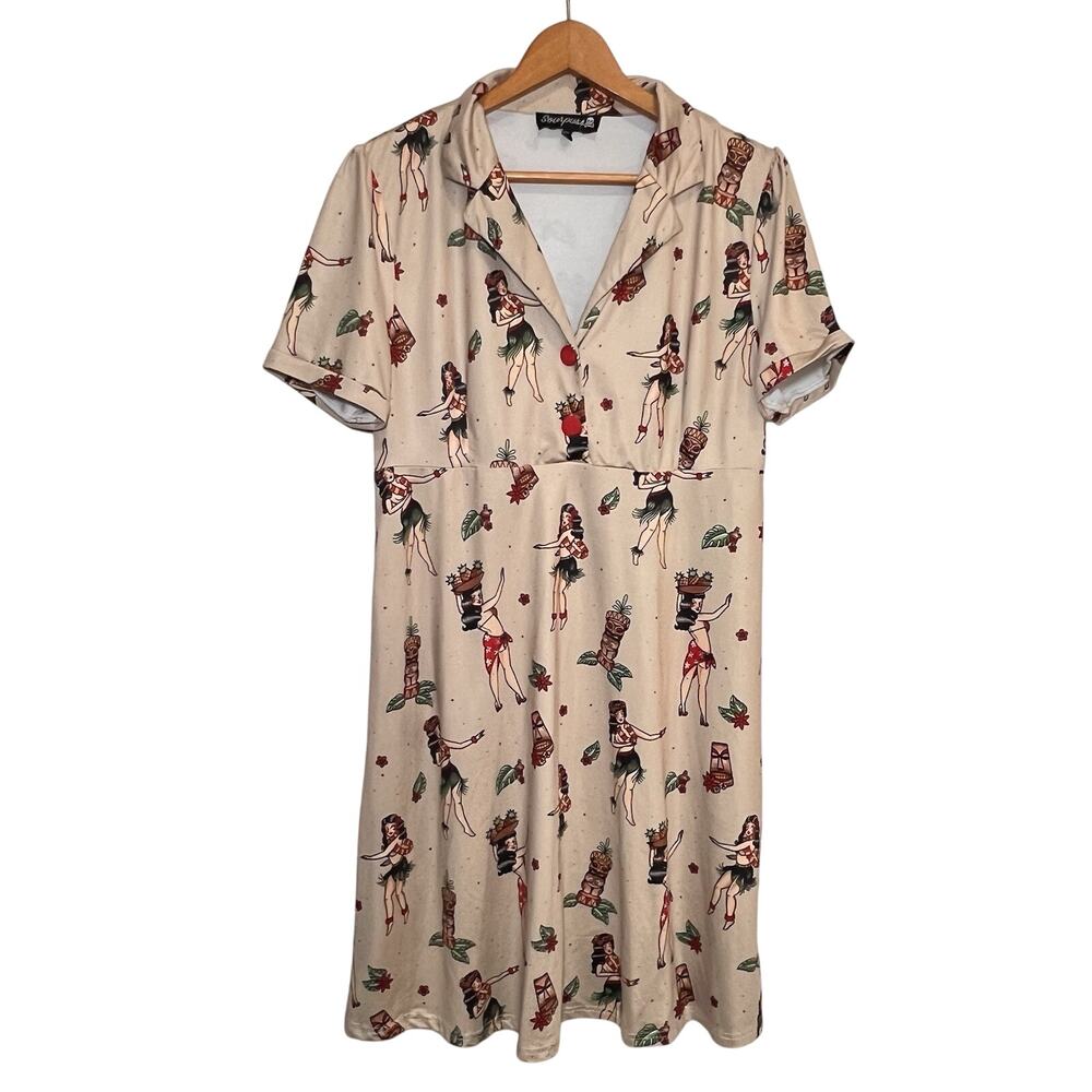 Sourpuss Dress Size XL Hula Pin Up Tiki Hawaiian Rockabilly Retro A-Line Collar